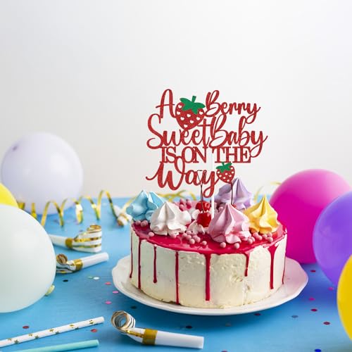 A Berry Sweet Baby is on the Way Red Glitter Cake Topper for Parties