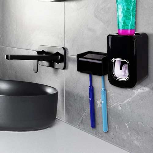 Black Acrylic Wall Mounted Toothbrush Holder & Toothpaste Dispenser - 2 Slots