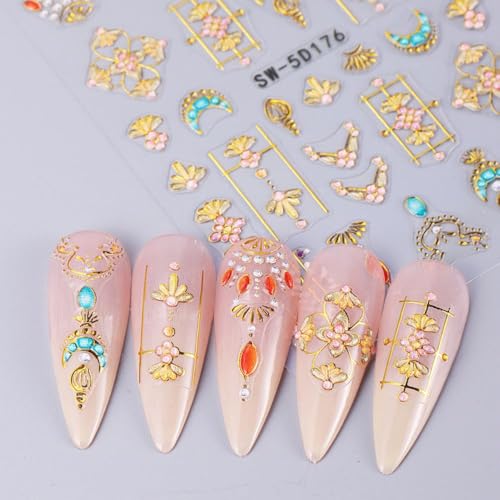 Bohemian Gold Star & Moon 5D Embossed Nail Stickers - 2 Sheets