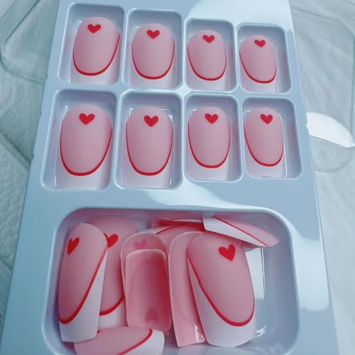 Valentine Press On Nails Medium Square French Tip Heart Fake Nails 24Pcs