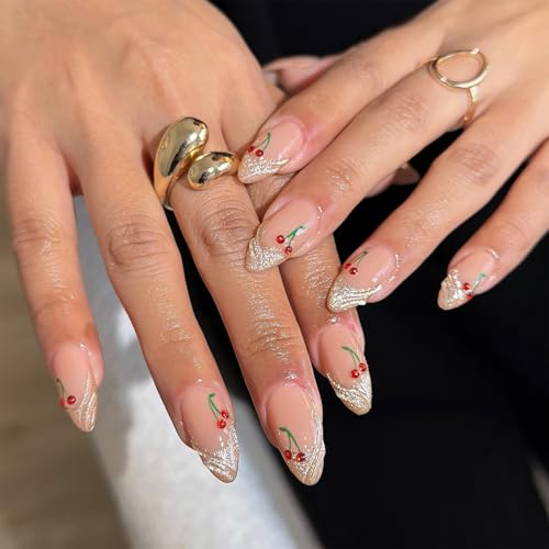 French Tip Press on Nails Medium Almond 3D Cherry False Nails