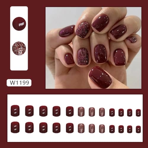 Short Square Wine Red Press on Nails Acrylic Fake Nails Set