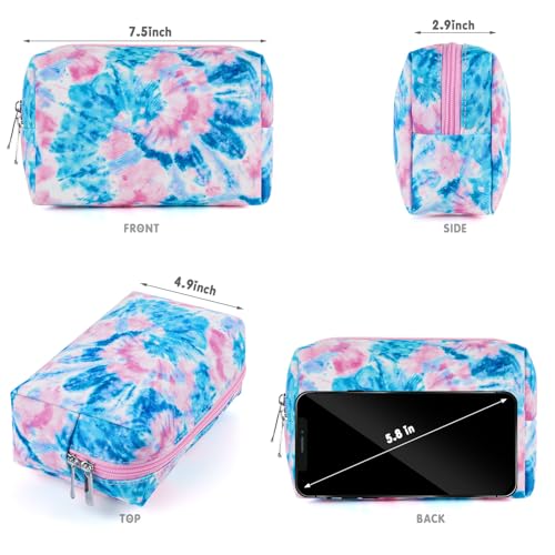 Tie Dye Blue Makeup Bag for Girls - Waterproof Travel Cosmetic Pouch