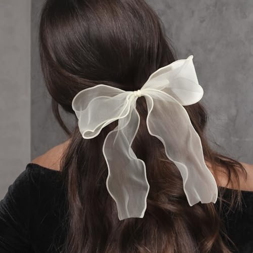 STSTR 2Pcs Large Beige Organza Hair Bow Ties, Long Tail Bowknot Scrunchies