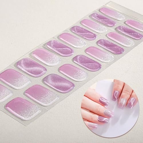 WOKOTO Purple Cat Eye Semi-Cured Gel Nail Strips UV Wraps 20 Tips
