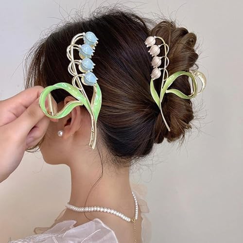 Metal Floral Hair Claw Clip Blue Orchid Lily Flower Jaw Clamp
