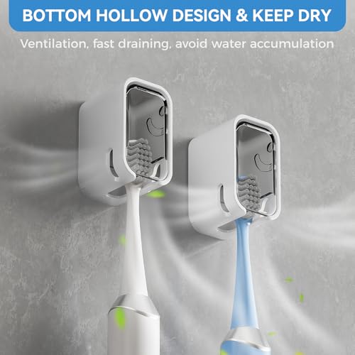 MOPMS Wall Mounted Toothbrush Holder with Cover, Grey - 2 Pack