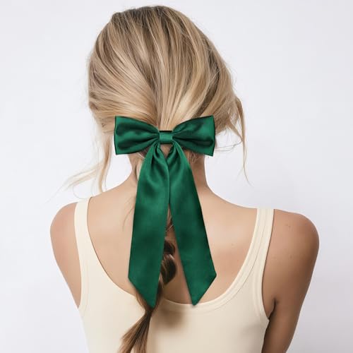 WantGor Satin Long Tail Hair Bow Clip Green Ribbon Barrette for Women