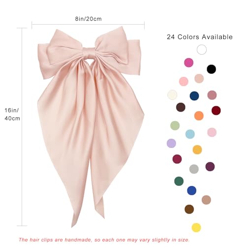 Large Satin Hair Bow Clip Long Tail Champagne Pink French Barrettes
