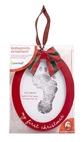 Pearhead Babyprints Double-Sided Christmas Ornament, First Holiday Keepsake Frame with Clean-Touch Ink Pad, Newborn Handprint Footprint Kit, Infant Photo Decoration, Red