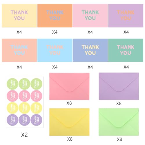 32 Pcs Colorful Thank You Cards Set with Envelopes and Stickers, 5.9x7.9"