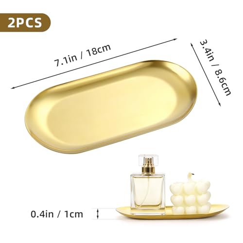 Gold Stainless Steel Decorative Tray Set - 2 Oval Organizers for Jewelry & Cosmetics