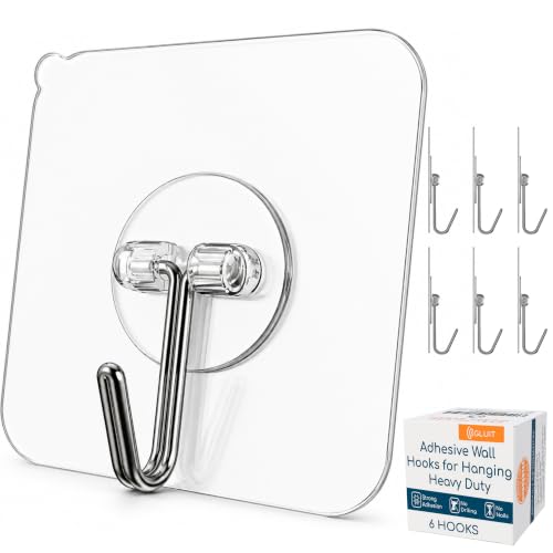 GLUIT Heavy Duty Adhesive Wall Hooks - 6 Pack, 22 lbs Capacity, Transparent