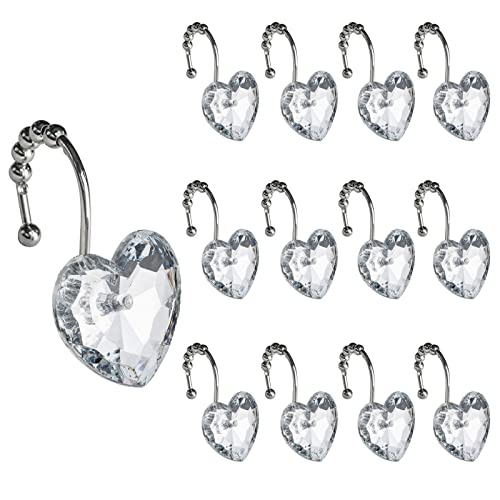 Actpe Decorative Crystal Heart Shower Curtain Hooks, Rust-Proof Set of 12