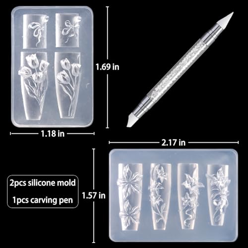 Silicone Nail Art Molds Set 3D Flower Tulip Bouquet with Carving Pen