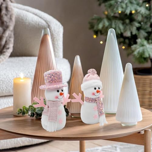 Pink Christmas Snowman Decorations - Light Pink Pastel Holiday Table Centerpiece 2Pcs