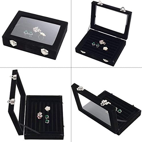 EONGOA 7-Slot Velvet Jewelry Organizer Box with Transparent Lid - Black