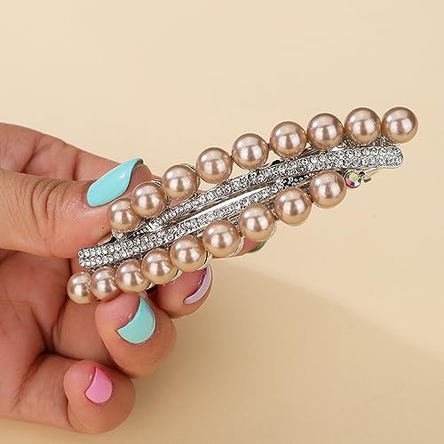 Chargances Vintage Pearl Hair Barrette Rhinestone French Crystal Clip