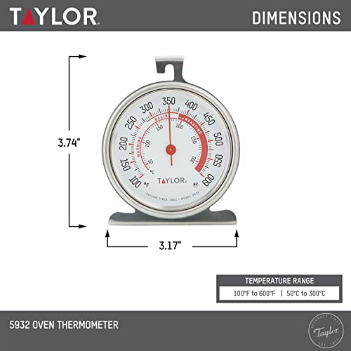 Taylor Precision Products Large Dial Oven Thermometer, Stainless Steel, 1-Pack