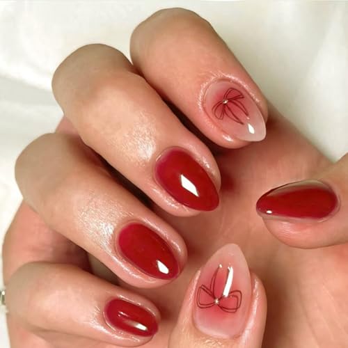 ZIFANHU Valentine Short Almond Press on Nails with Bow and Glitter