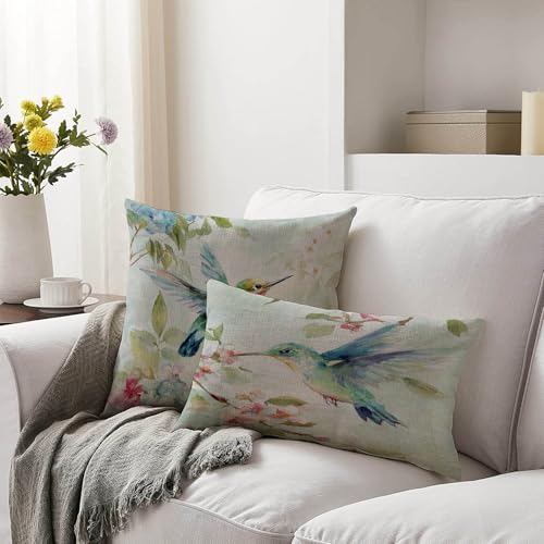 Watercolor Hummingbird Throw Pillow Covers, 18x18 Linen Set of 2