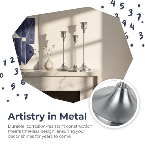 SylvaCraft 3-Piece Silver Metal Tapered Candle Holder Set for Table Decor