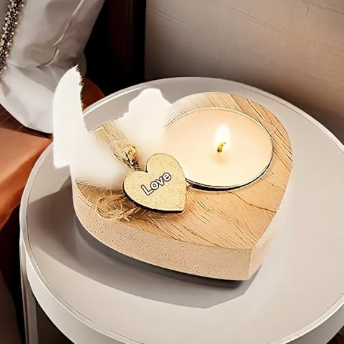 Handmade Heart-Shaped Wooden Candle Holder Set with White Feather