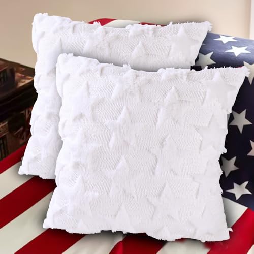 Heirloom Haven 4th of July White Star Throw Pillow Covers Set of 2, 18x18 Inch Holiday Decor