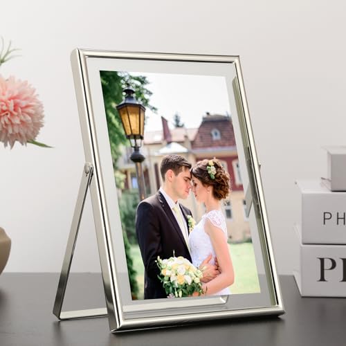 GorYeeFine Silver 5x7 Floating Picture Frame - Fits 3.5x5 & 4x6 Photos, Adjustable for Tabletop & Shelf Display, Wedding & Holiday Decor - Silver / 5x7 For 4x6