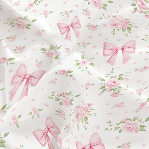 Pink Floral Twin Duvet Cover Set with Bow - Kids Girls Bedding 2Pcs