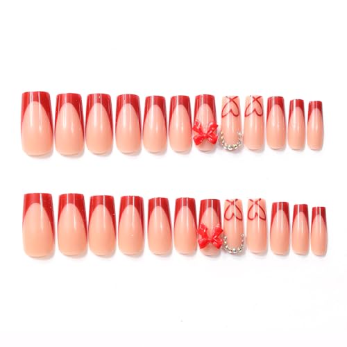 French Tip Press on Nails Square 3D Bow Rhinestone False Nails