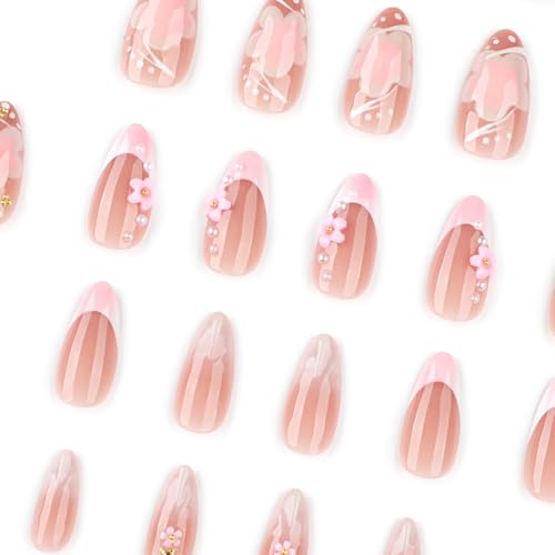 Hibiscus Flower Press on Nails Medium Almond Fake Nails with Rhinestones
