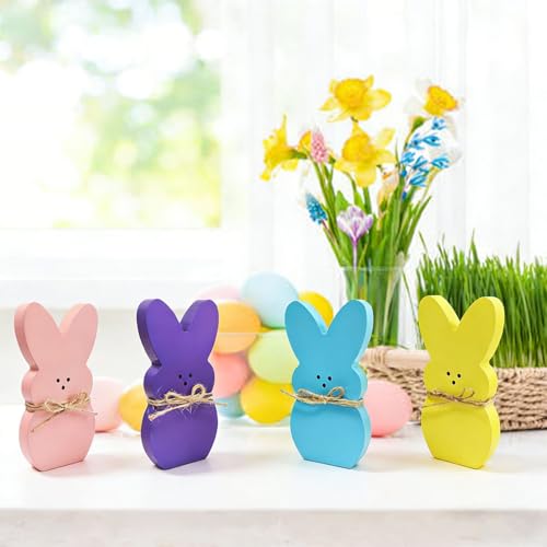 Wooden Easter Bunny Table Decor Set, 4-Piece Freestanding Spring Rabbit Accents