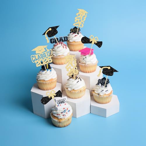 Ephlyn 36Pcs Class of 2026 Gold Glitter Graduation Cupcake Toppers