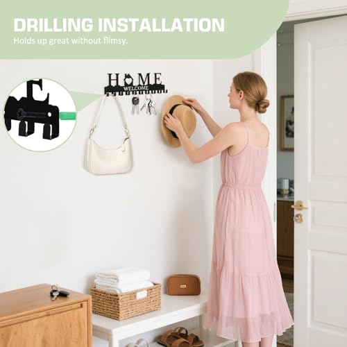 Metal Key Holder Wall Mount with 12 Hooks - Black Adhesive Hanger
