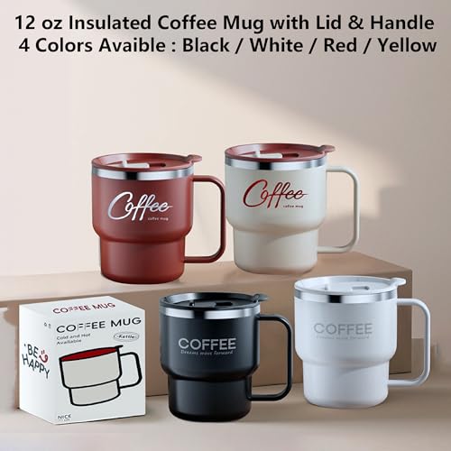 Kilimazart 12 oz Insulated Coffee Mug with Lid and Handle - Stainless Steel