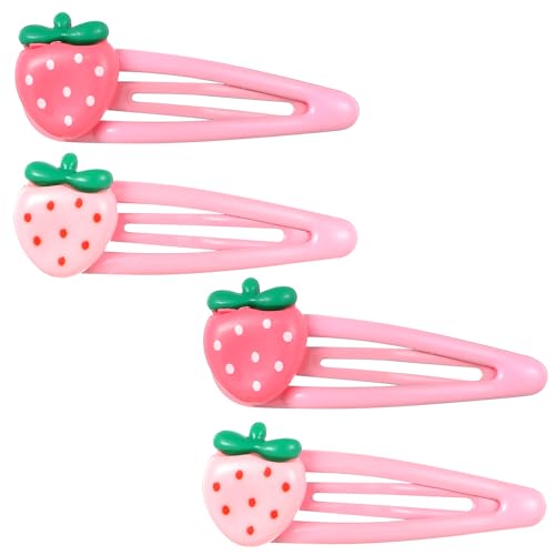 Mabor Pink Strawberry Hair Clips Set, 4Pcs Resin Snap Barrettes for Girls