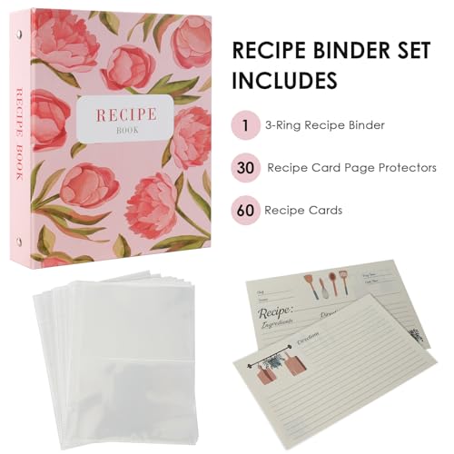 Meolsia Recipe Binder Kit, 7.9x9.4in 3-Ring Cookbook with 60 Sleeves & Cards