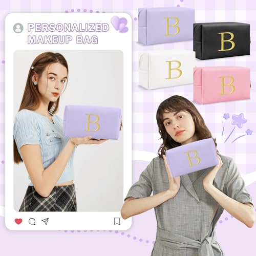 Personalized Initial Makeup Bag Purple Letter Cosmetic Pouch