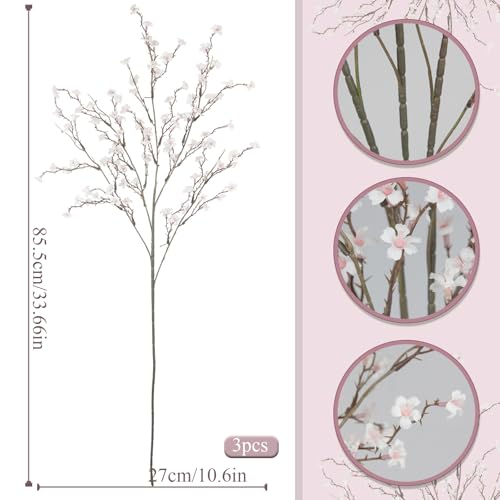 3 Pcs White Artificial Cherry Blossom Branches for Home Decor