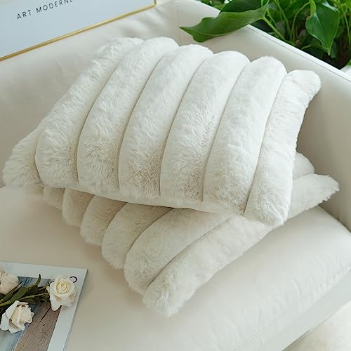 Faux Fur Throw Pillow Covers 2-Pack - Soft Plush Cushion Cases for Sofa & Bed, 16x16 inch, Beige