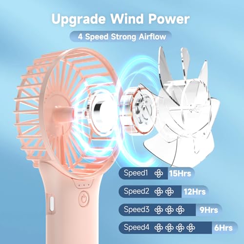 QQT Pink Rechargeable Handheld Fan - 4-Speed Portable Design
