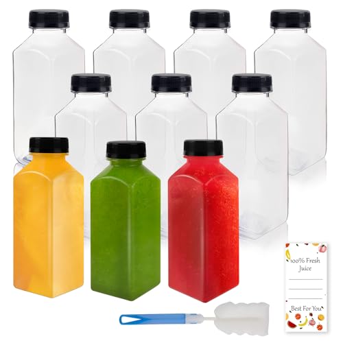 12oz Reusable Plastic Juice Bottles with Caps - Food Grade, Leak-Proof, 10 Pack