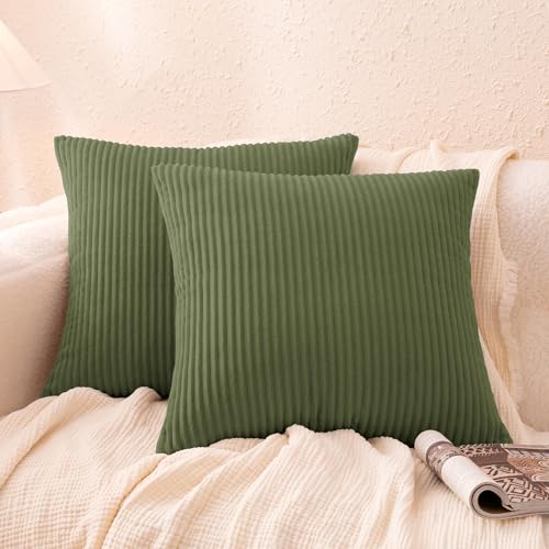 Amazon Basics Corduroy Throw Pillow Covers, 18" x 18", Olive Green, 2-Pack