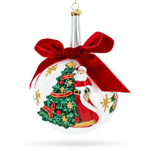 Large Santa, Tree & Red Bow Christmas Ornament - Handcrafted Glass Ball
