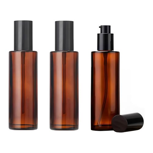 QUUPY 3-Pack 60ml Amber Glass Pump Bottles for Travel, Lotion & Cosmetics