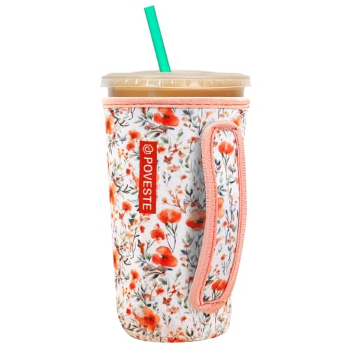 Poveste Reusable Neoprene Iced Coffee Sleeve - Flower Power, Large 32oz