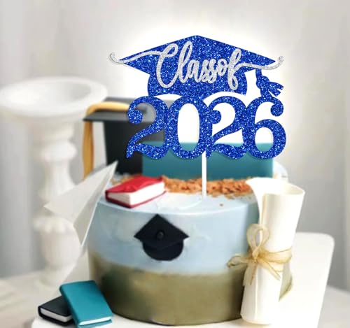 Class of 2026 Graduation Cake Topper - Blue & Silver Glitter