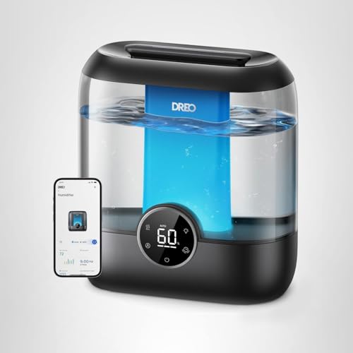 DREO Smart Humidifiers for Bedroom, 6L Top Fill Supersized Cool Mist Humidifier for Large Room, 60 Hour Runtime, Quiet Ultrasonic Humidifier for Plants, Indoor, Home, Night Light, Black