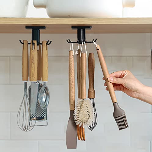 EigPluy 2pcs Under Cabinet Utensil Hooks - 360° Rotating Adhesive Rack, Black